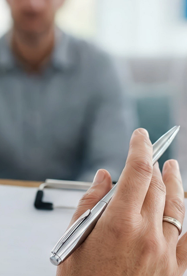 A person writing notes on a clip board while talking to two people.